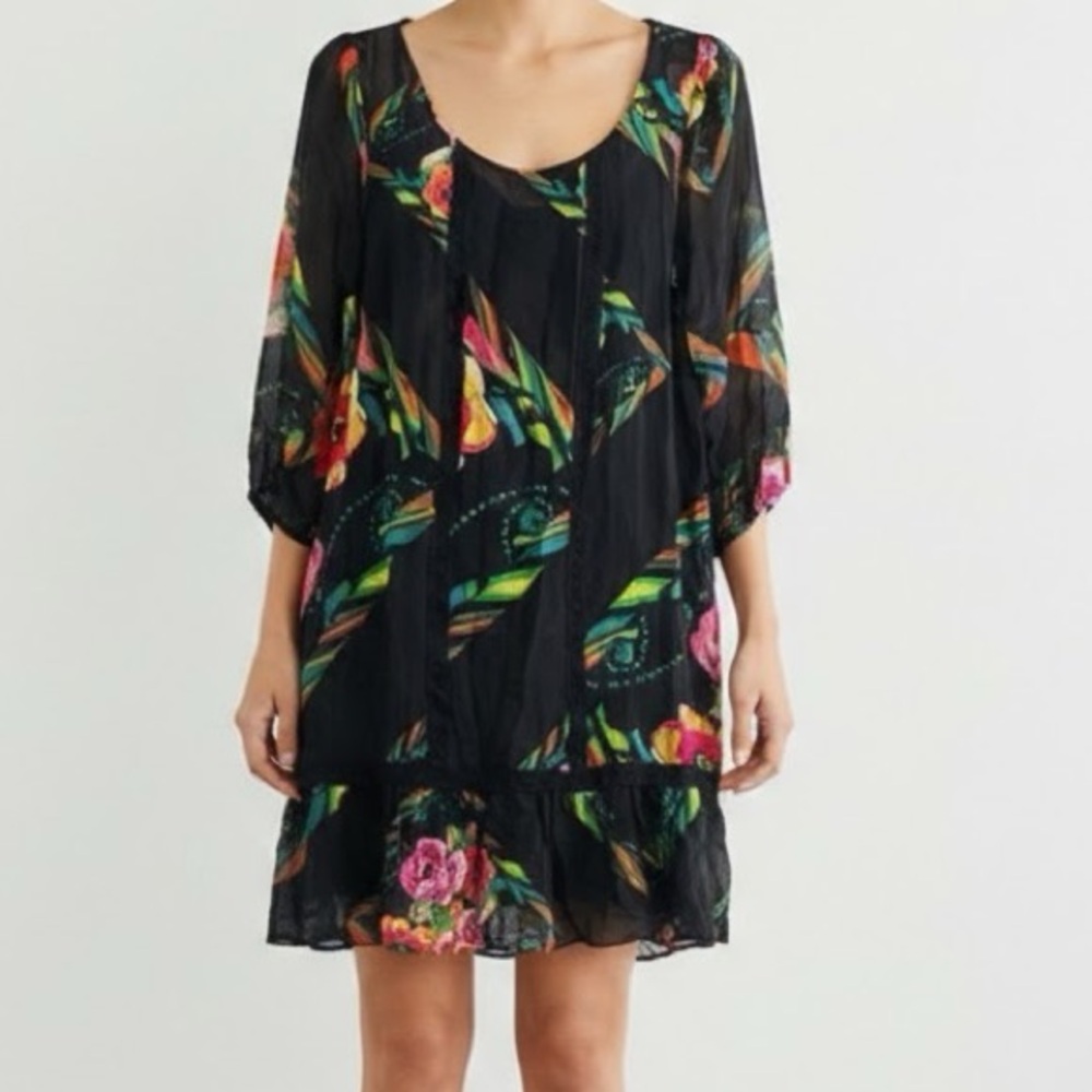 Moulinette Soeurs Black Lace 100% Silk Floral Sheer Slip Mini Dress Medium